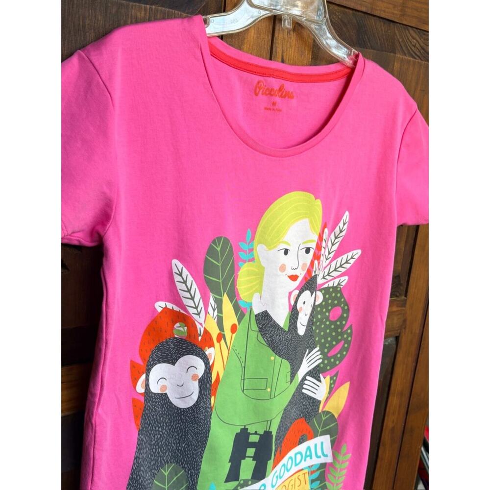 PICCOLINA Jane Goodall Trailblazer Tee Pink Chimp Graphic Shirt Kids M 10/12 - Picture 5 of 7